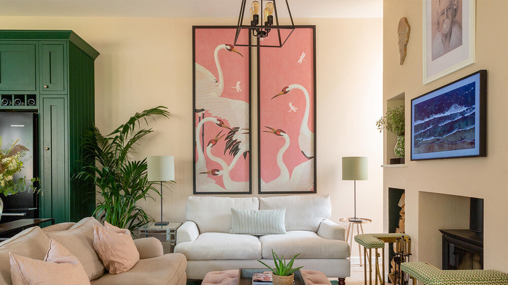 Wallpaper panelling in a living room painted in Lick Pink 01 paint