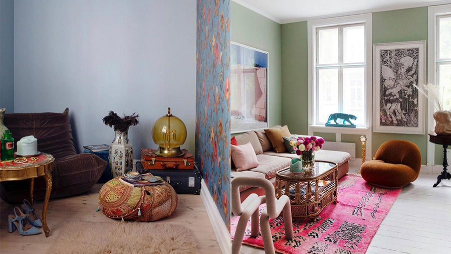 Two living rooms with colourful eclectic decor by Erica Mathiesen