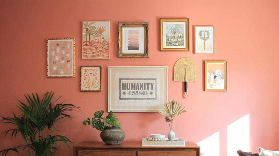 Gallery wall living room painted in Lick paint Red 03