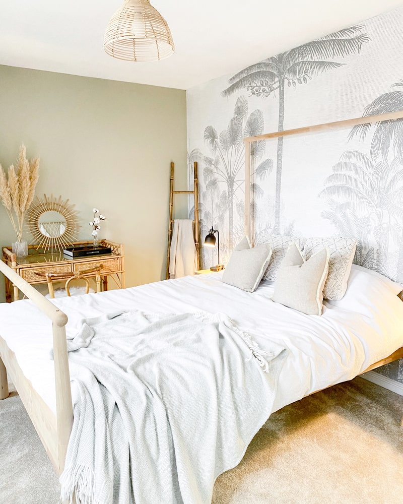 Green and white boho chic bedroom