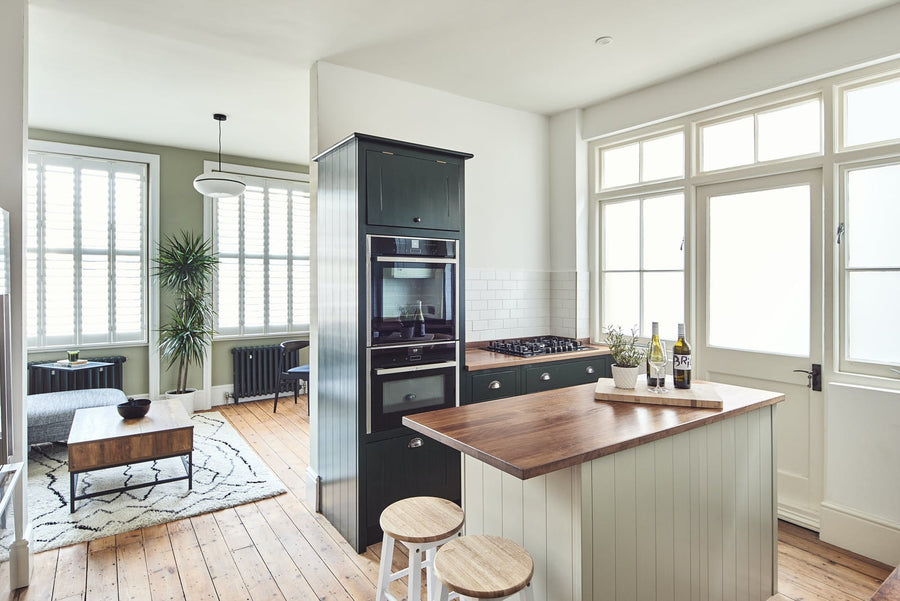 Kitchen transformed using Lick Greige 02 and Green 06 